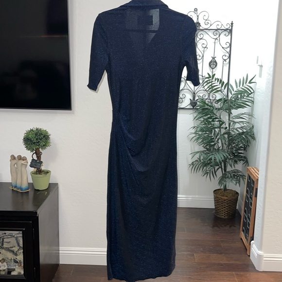 PISTOLA Vita Polo Dress Navy Shimmer Midi Short Sleeve Side Gather, Slits Sz S - Picture 7 of 15